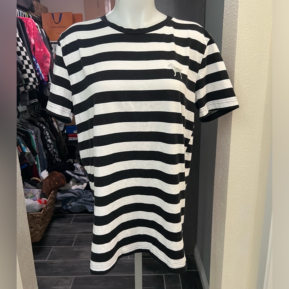 PINK Black & White Striped Bling Dog Short Sleeve Top
